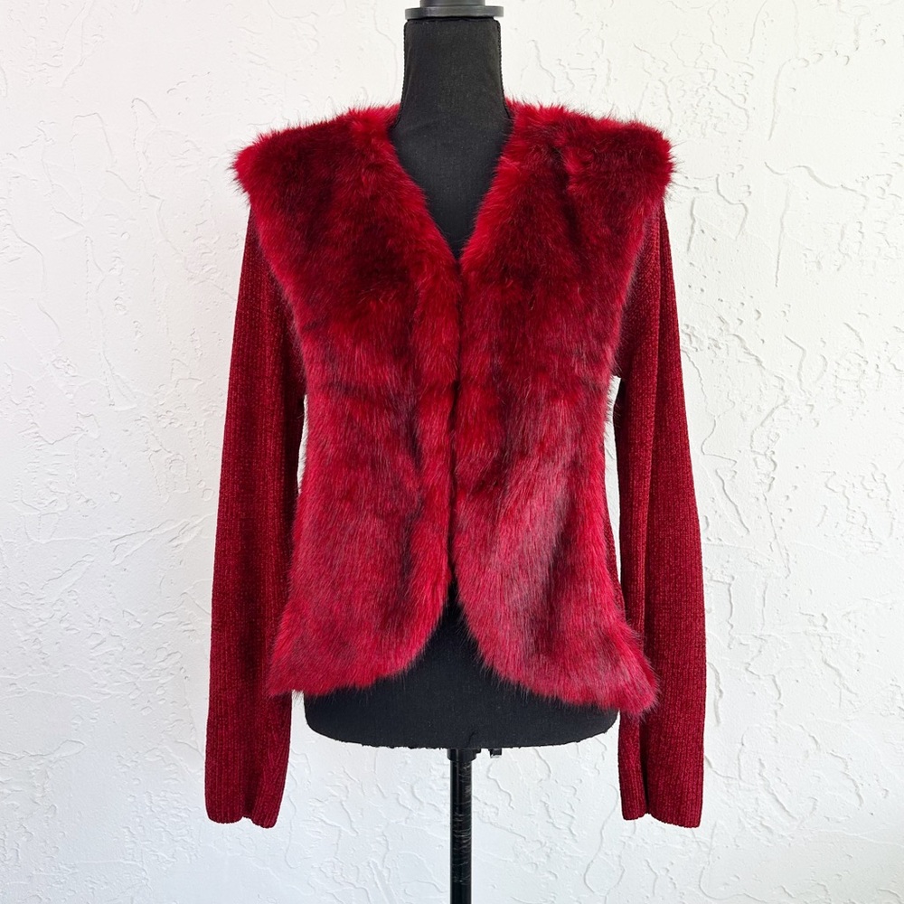 Vintage Y2K Red Chenille Faux Fur Trim Cardigan Sweater Size Large Whimsigoth